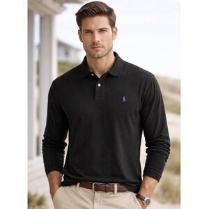 Polo Ralph Lauren Mens‎ L Long Sleeve Black Cotton Knit Polo Soft Office Staple